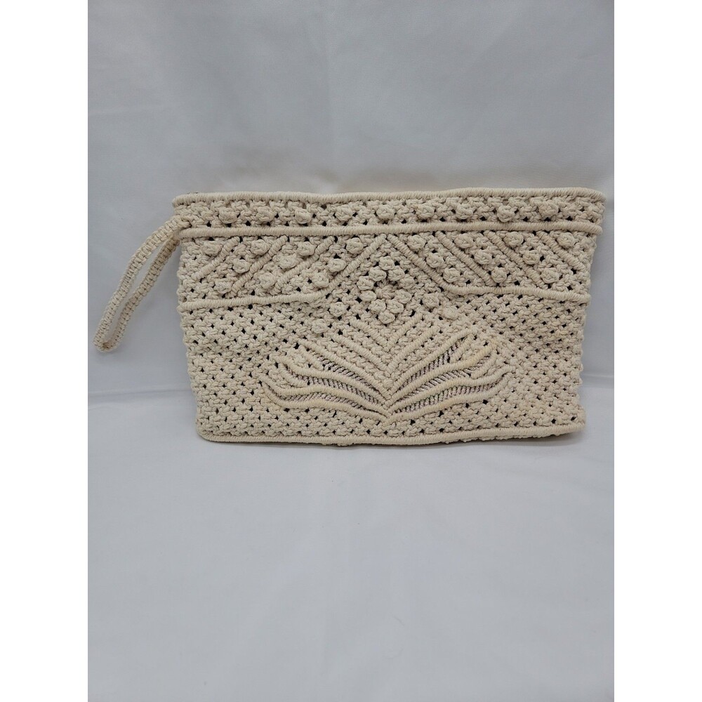 Crocheted Macrame Zippered Pouch 12x7.5 Cream